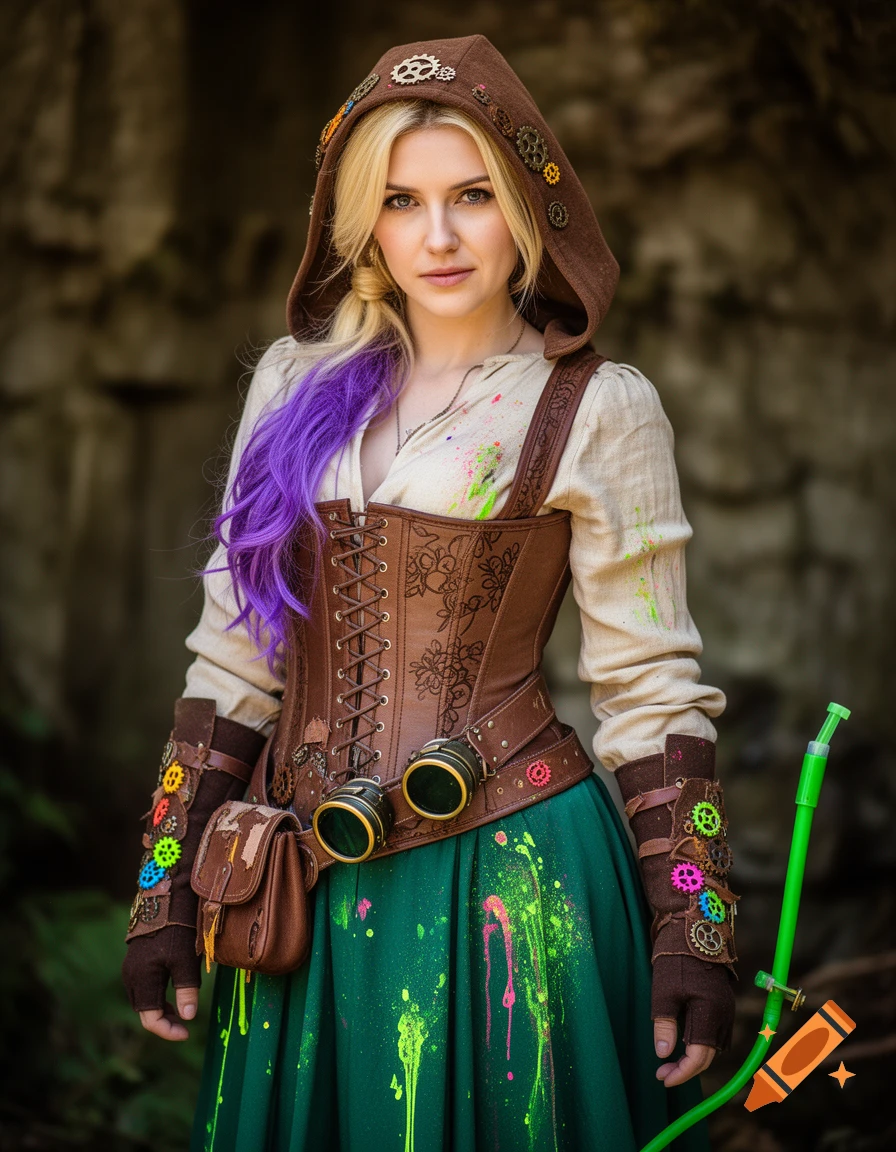 A blonde woman with purple hair in a brown hooded steampunk costume with gears, a corset, and green skirt with neon paint splatters.