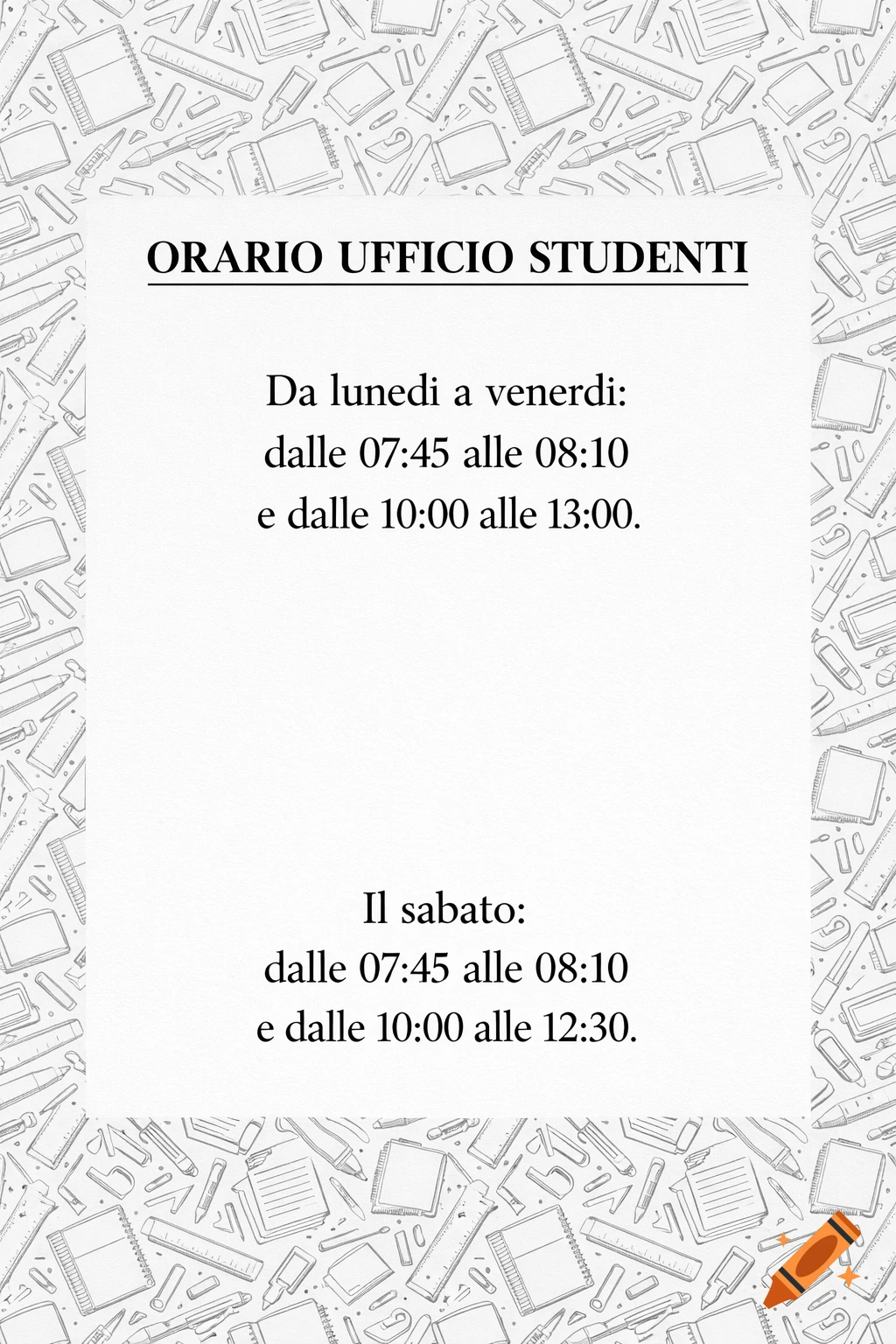A student office schedule in Italian, with a background pattern of finely drawn pens, pencils, books, rulers, and paper clips.