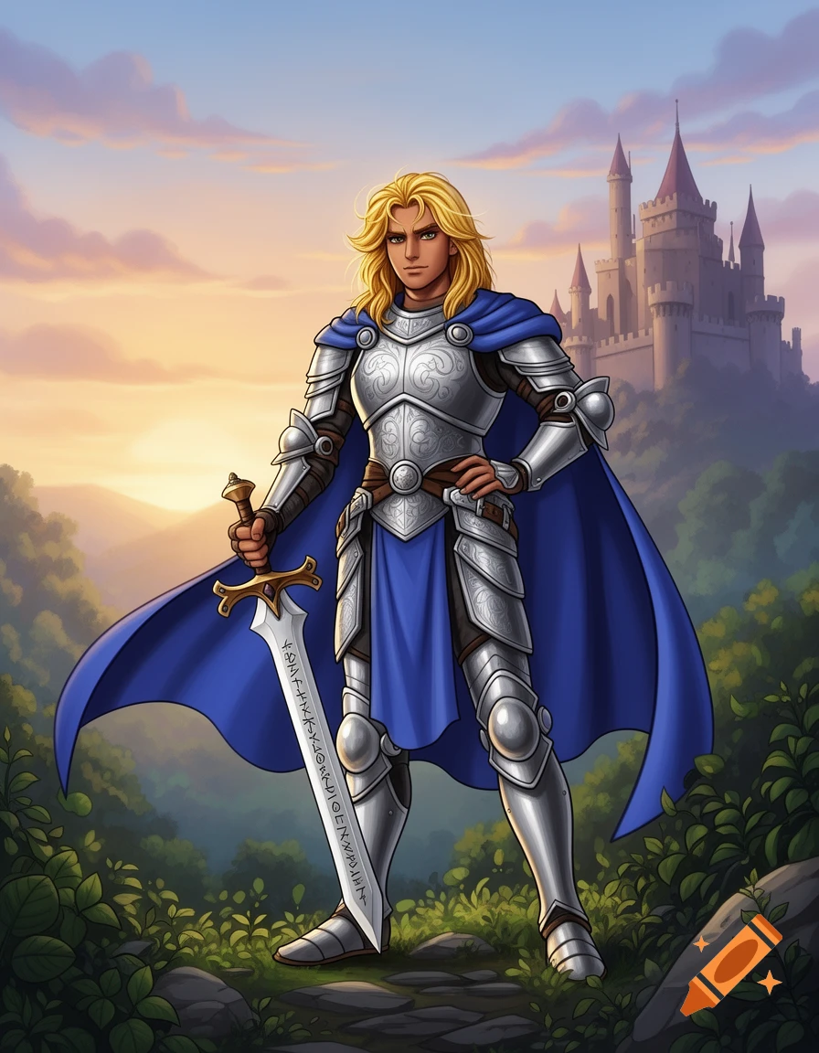A blonde knight in ornate silver armor and a blue cape stands holding a sword, with a castle and sunset in the background.