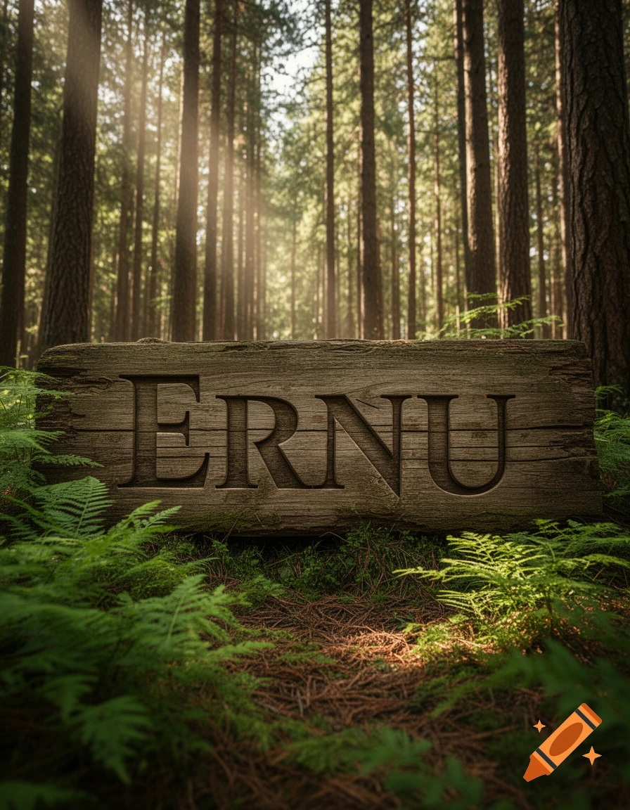 Photorealistic wooden sign with 'ERNU' carved into it, set on a forest floor with ferns and sun rays through trees.