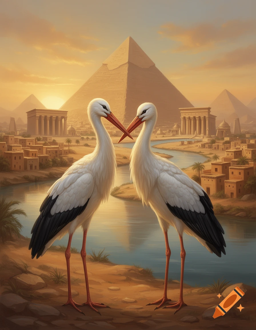 Two storks with touching beaks in a fantasy ancient Egyptian landscape at sunset with pyramids, temples, and a river.