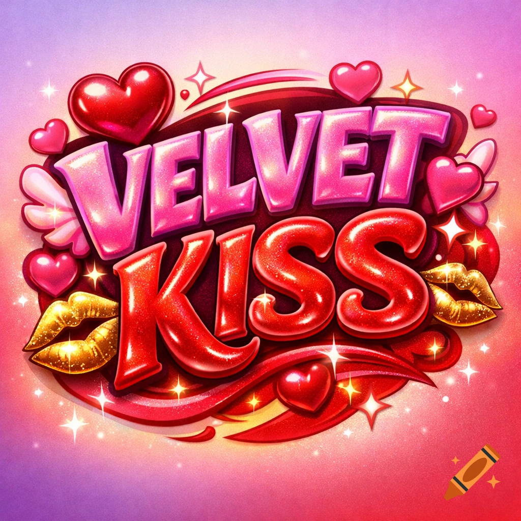 Shiny, glittery pink and red logo for VELVET KISS, with hearts and golden lips on a sparkly gradient background.
