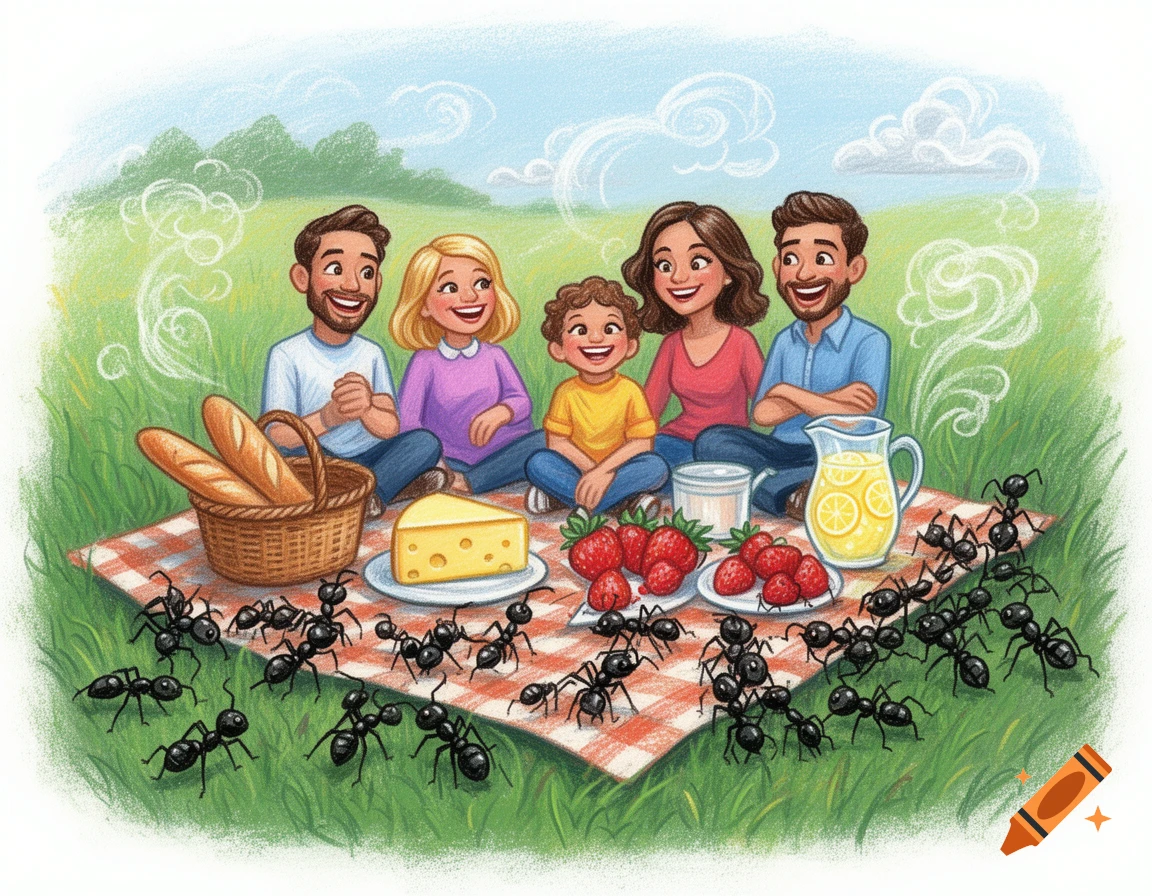 A chalk drawing of a happy family having a picnic in a grassy field, surrounded by many large black ants.