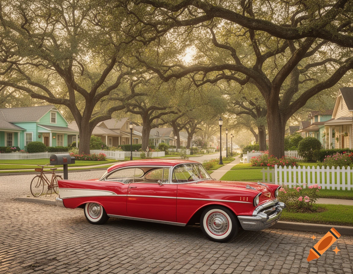 A classic red 1950s car parked on a cobblestone street in a tree-lined suburban neighborhood with colorful houses.