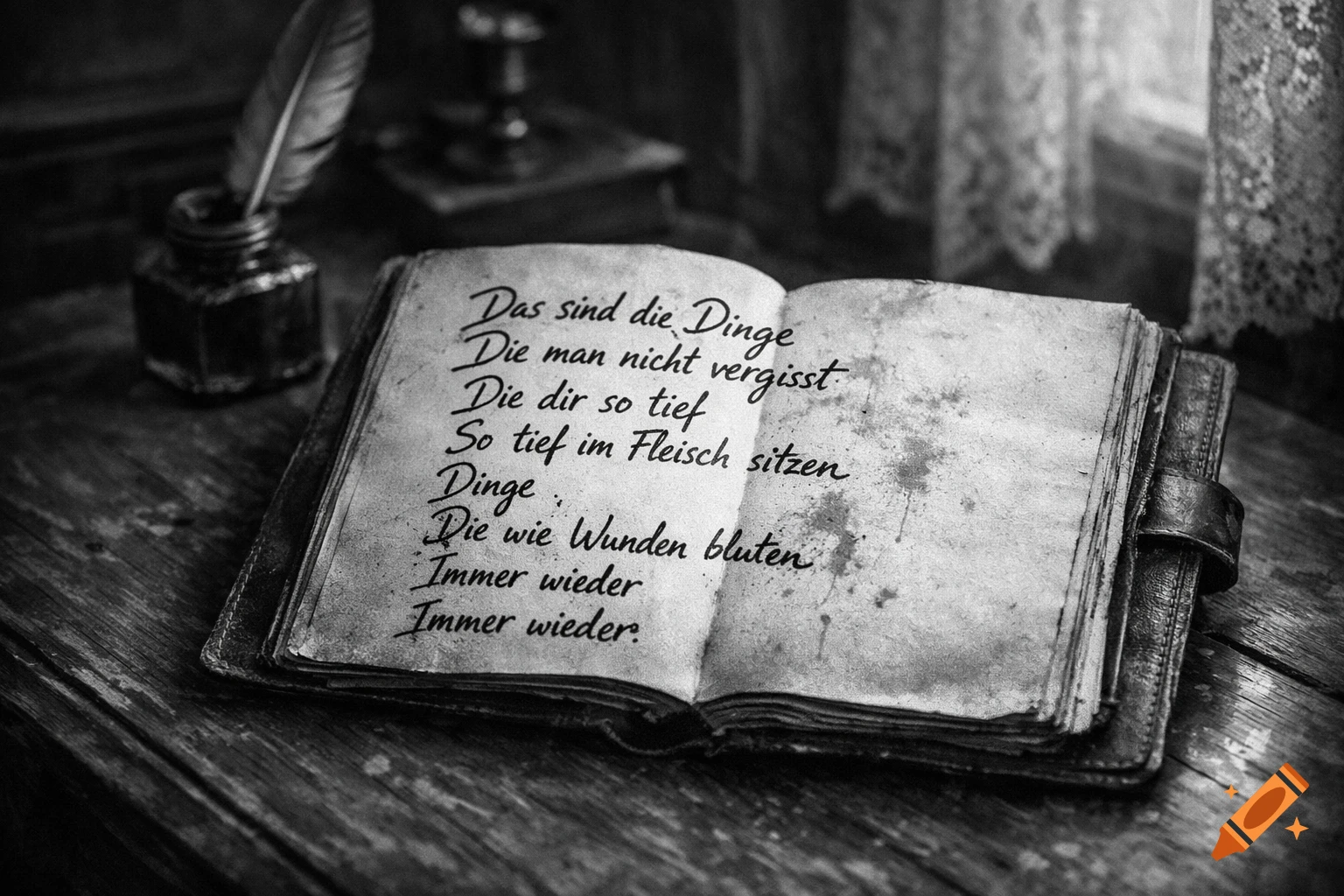 Black and white still life of an open antique book with handwritten German text, a quill, and inkwell on a wooden table.