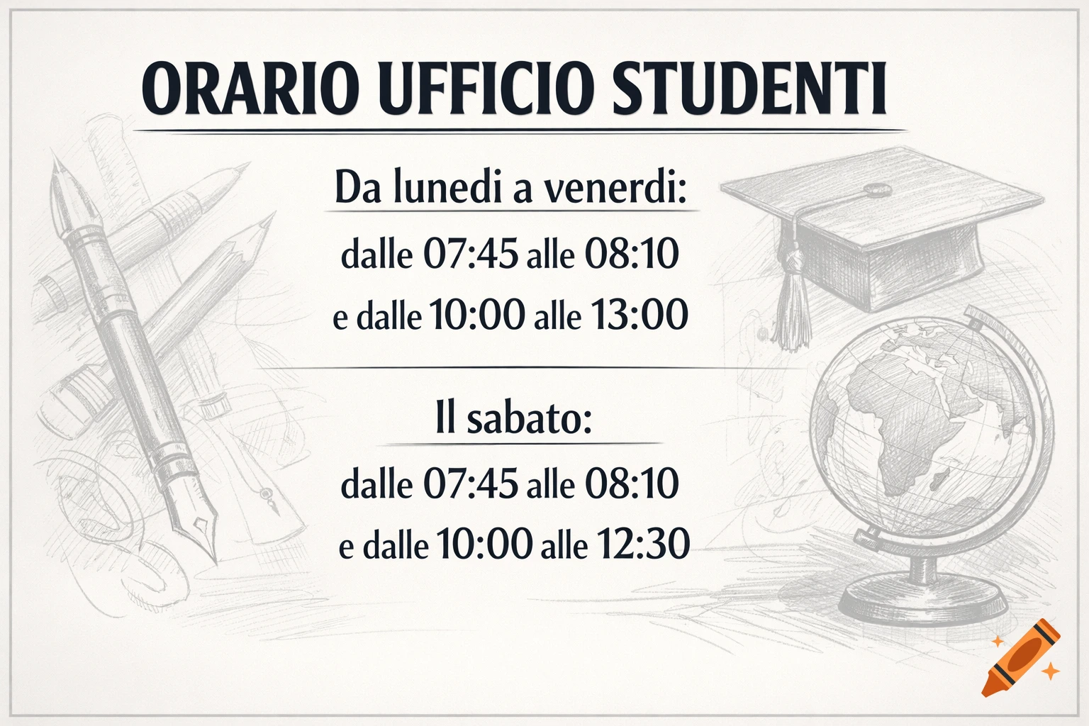 A graphic sign in Italian for student office hours, with background sketches of pens, a graduation cap, and a globe.