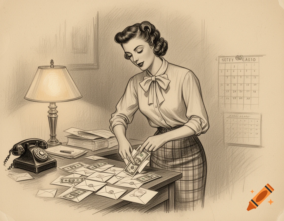 Vintage pencil sketch of a woman in a 1940s outfit stuffing dollar bills into envelopes on a desk, next to a lamp and telephone.
