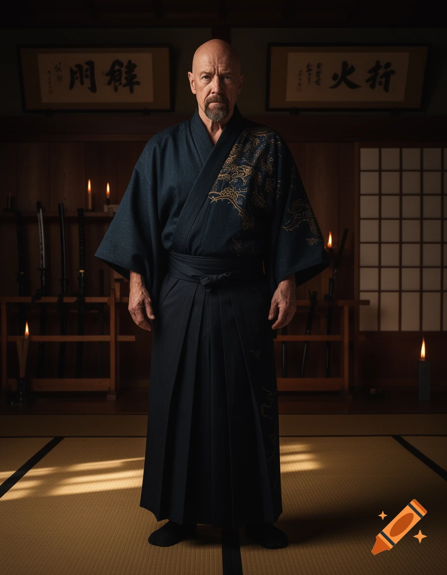 A bald, bearded man in a dark kimono and hakama stands in a traditional Japanese room with candles and framed calligraphy.