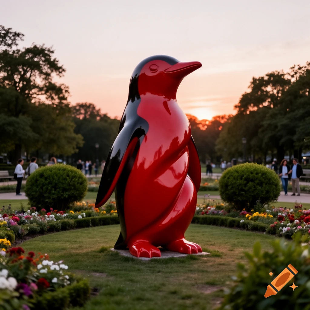 A large, shiny red and black penguin statue stands in a vibrant park at sunset, surrounded by flowers and greenery.