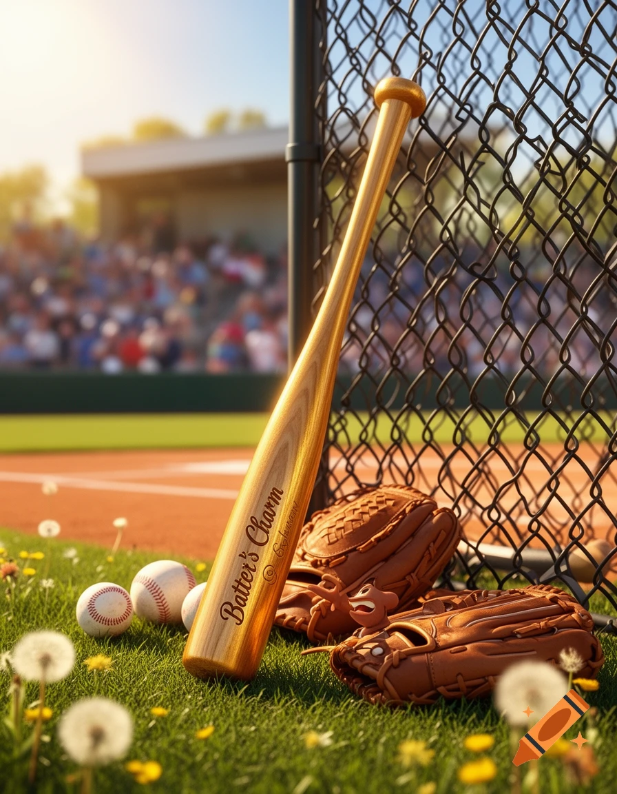 Golden baseball bat, inscribed with "Batter's Charm," leans against a chain-link fence on a grassy field with baseballs, gloves, and dandelions.