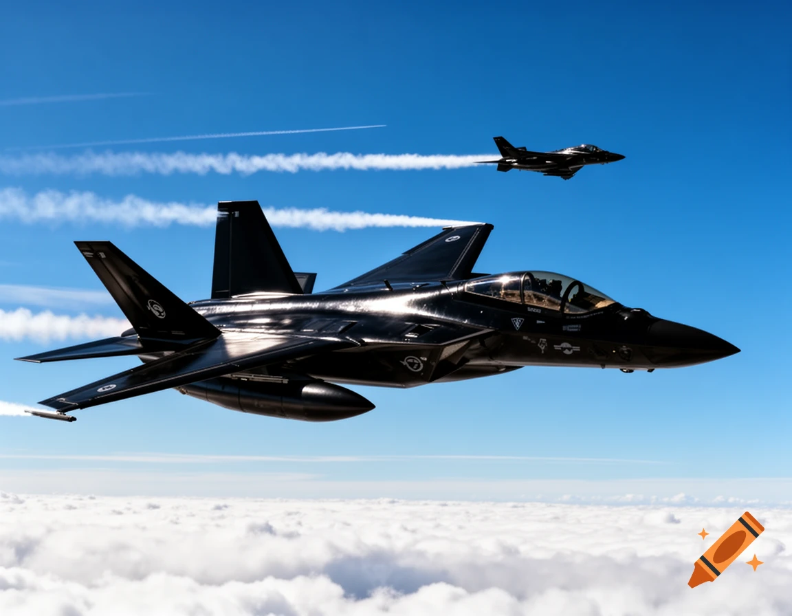 Two sleek black fighter jets fly high in a bright blue sky above a layer of white clouds, leaving contrails.