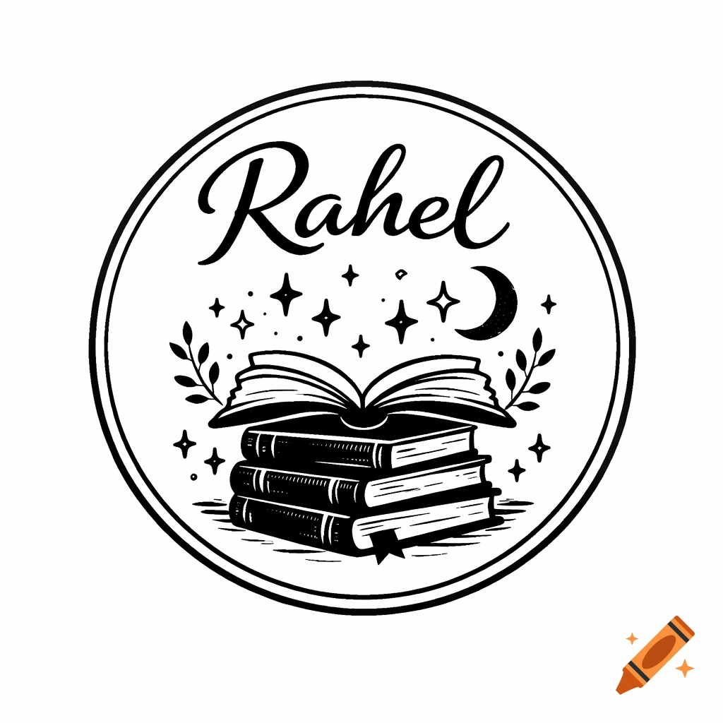 Black and white logo featuring a stack of books with an open book, surrounded by stars, leaves, and a crescent moon, with 'Rahel' in script.
