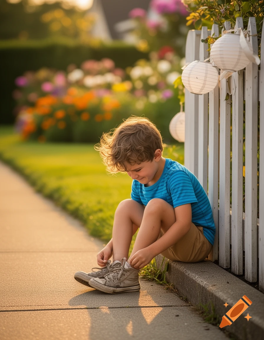 A young boy with curly hair sits on a curb, tying his shoelaces next to a white picket fence and a colorful garden.
