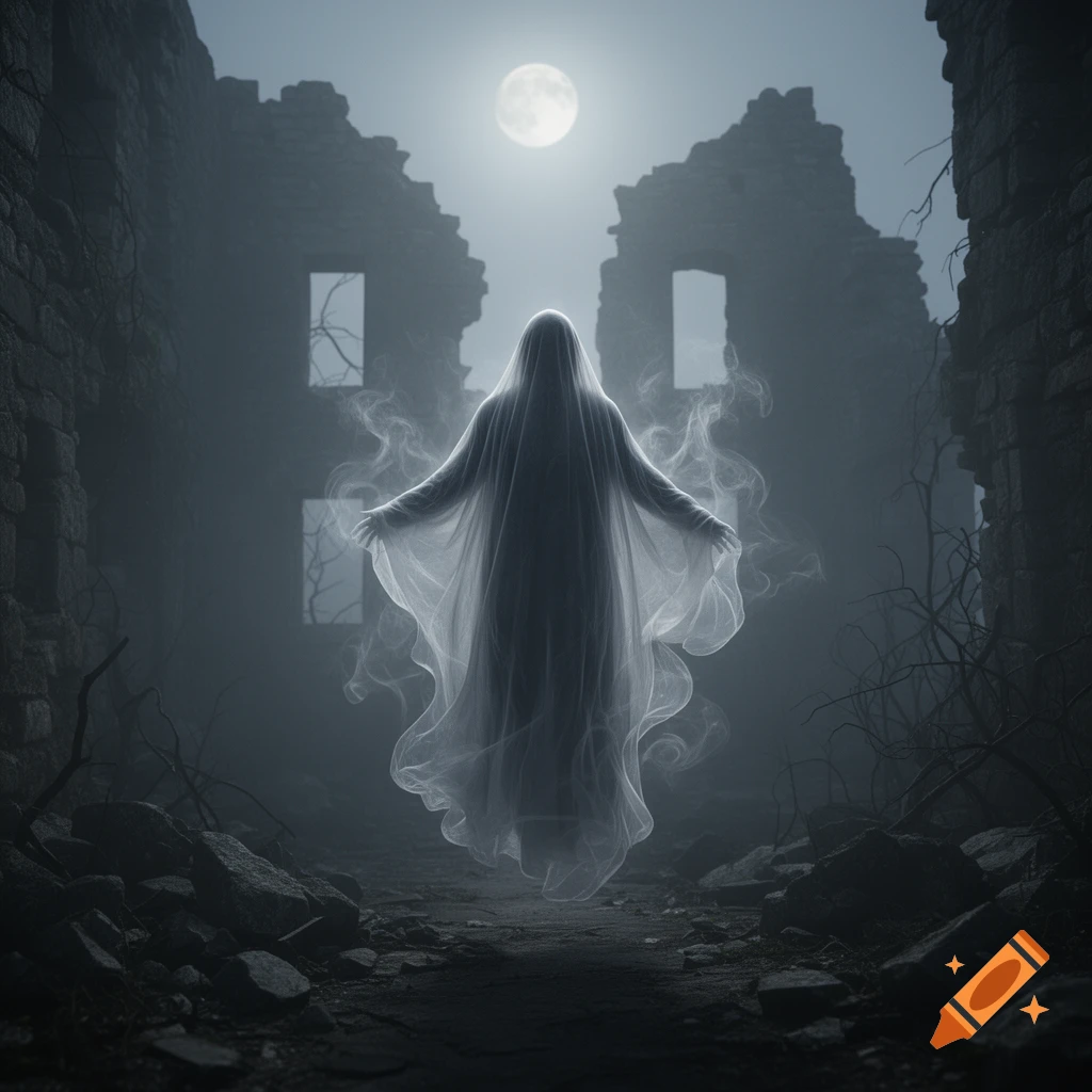 A spectral ghost floats with outstretched arms in a ruined building under a full moon, surrounded by mist.