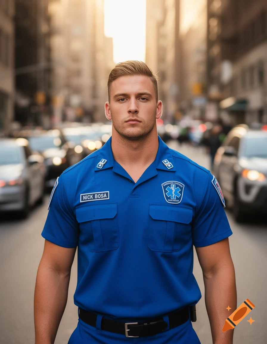 A man resembling Nick Bosa in a blue paramedic uniform stands in the middle of a city street during the day, looking forward.
