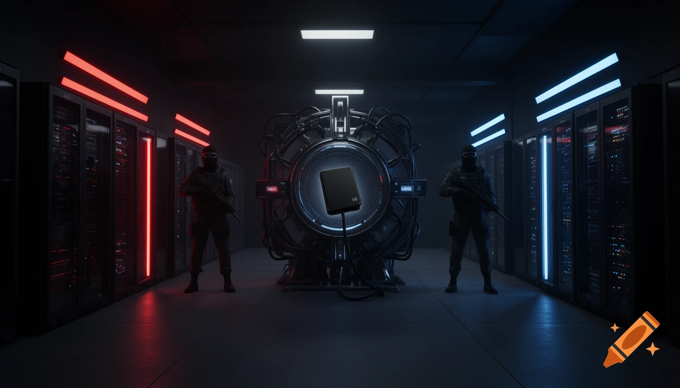Masked guards protect a central machine with a hard drive in a dark, futuristic server room with red and blue lights. Dystopian sci-fi style.
