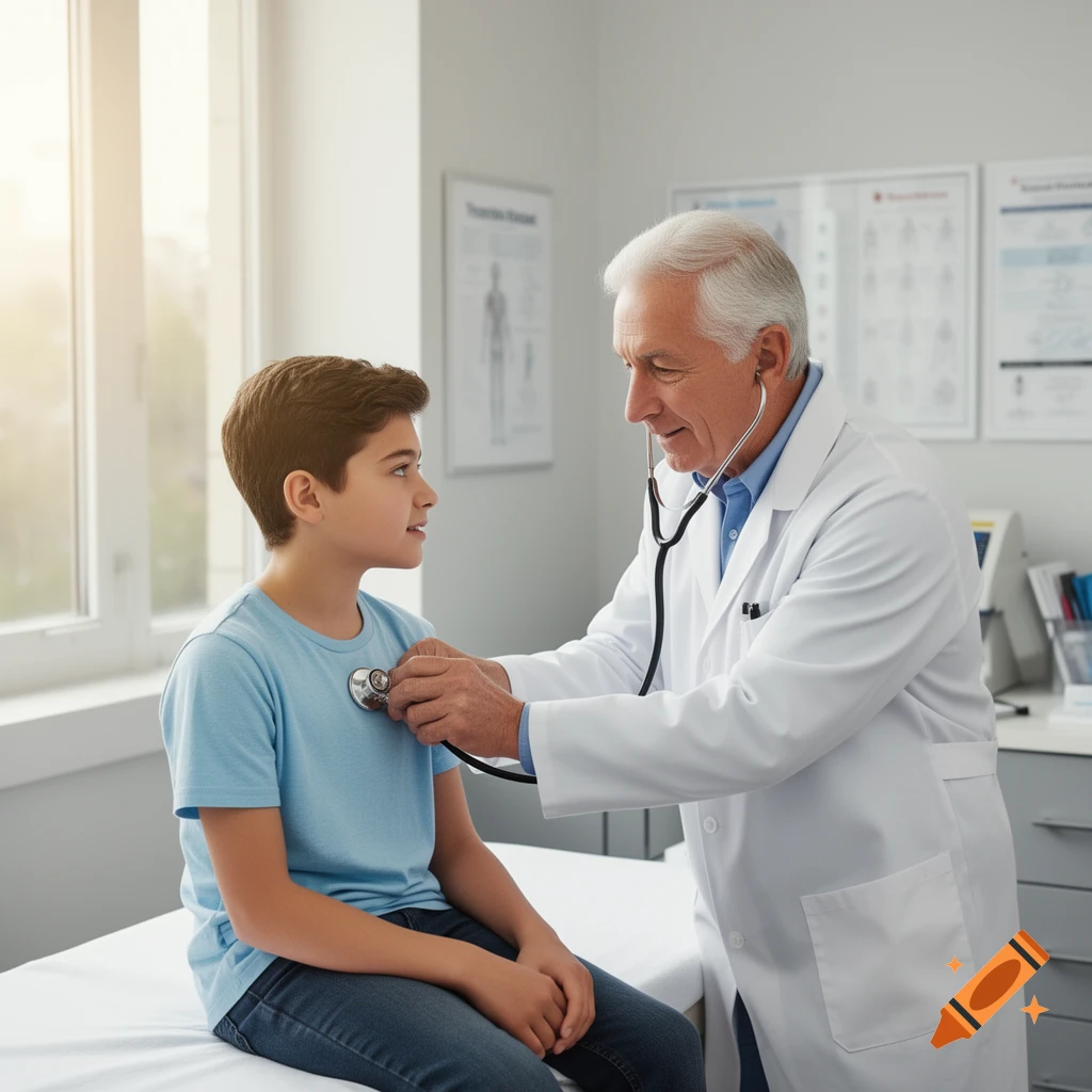 A photorealistic image of a senior male doctor examining a teenage boy with a stethoscope in a bright clinic.