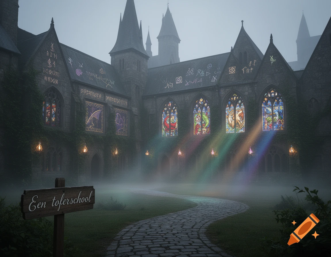 A foggy, mystical castle with glowing stained glass windows and a winding path, a sign reads 'Een toferschool'.