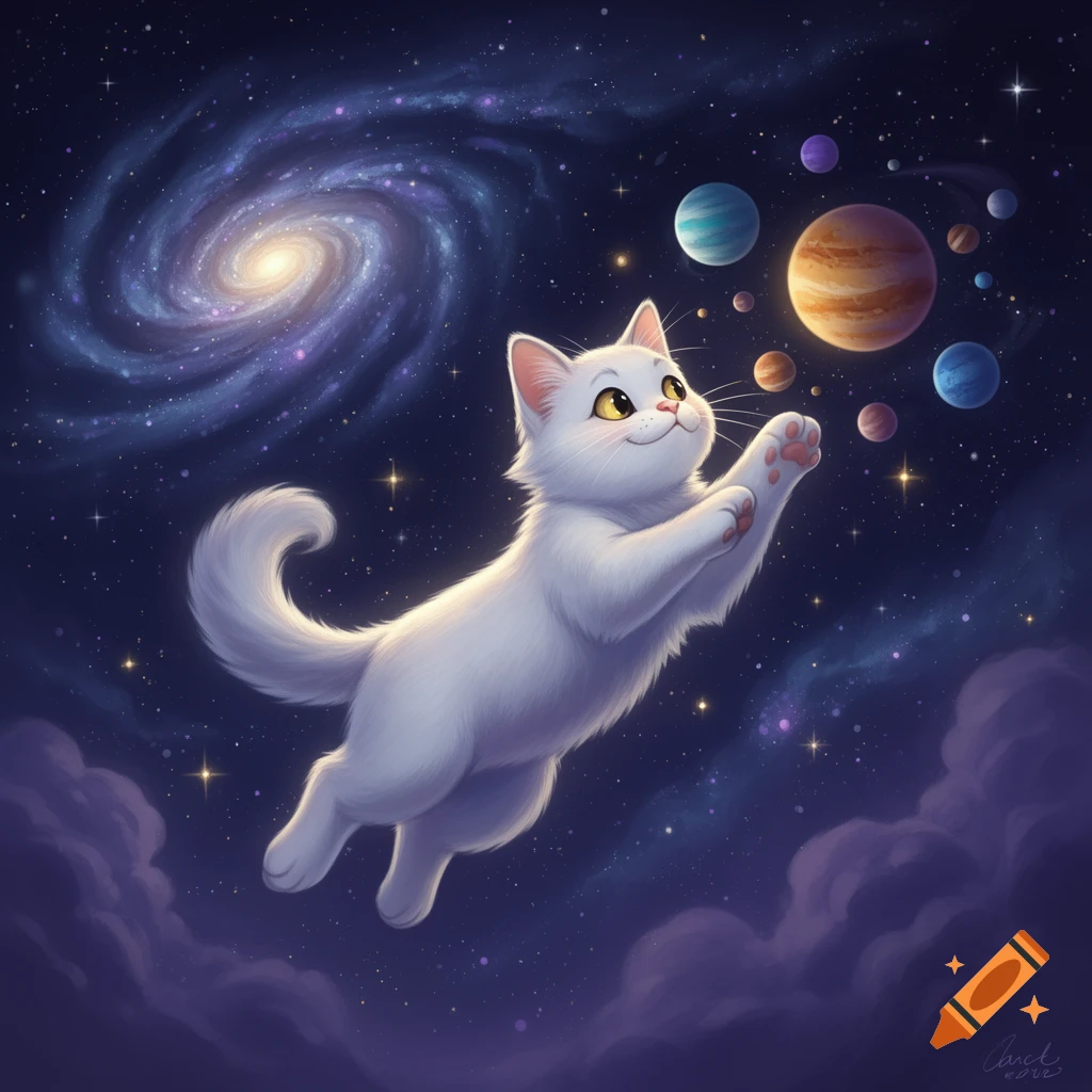 A cute white cartoon cat floats playfully in a starry outer space ...
