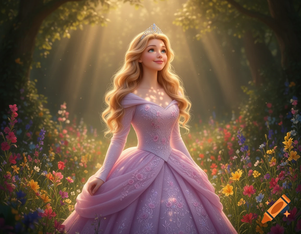 A beautiful blonde princess in a pink gown with a tiara stands in a sunlit fairytale forest filled with colorful flowers, looking upwards.