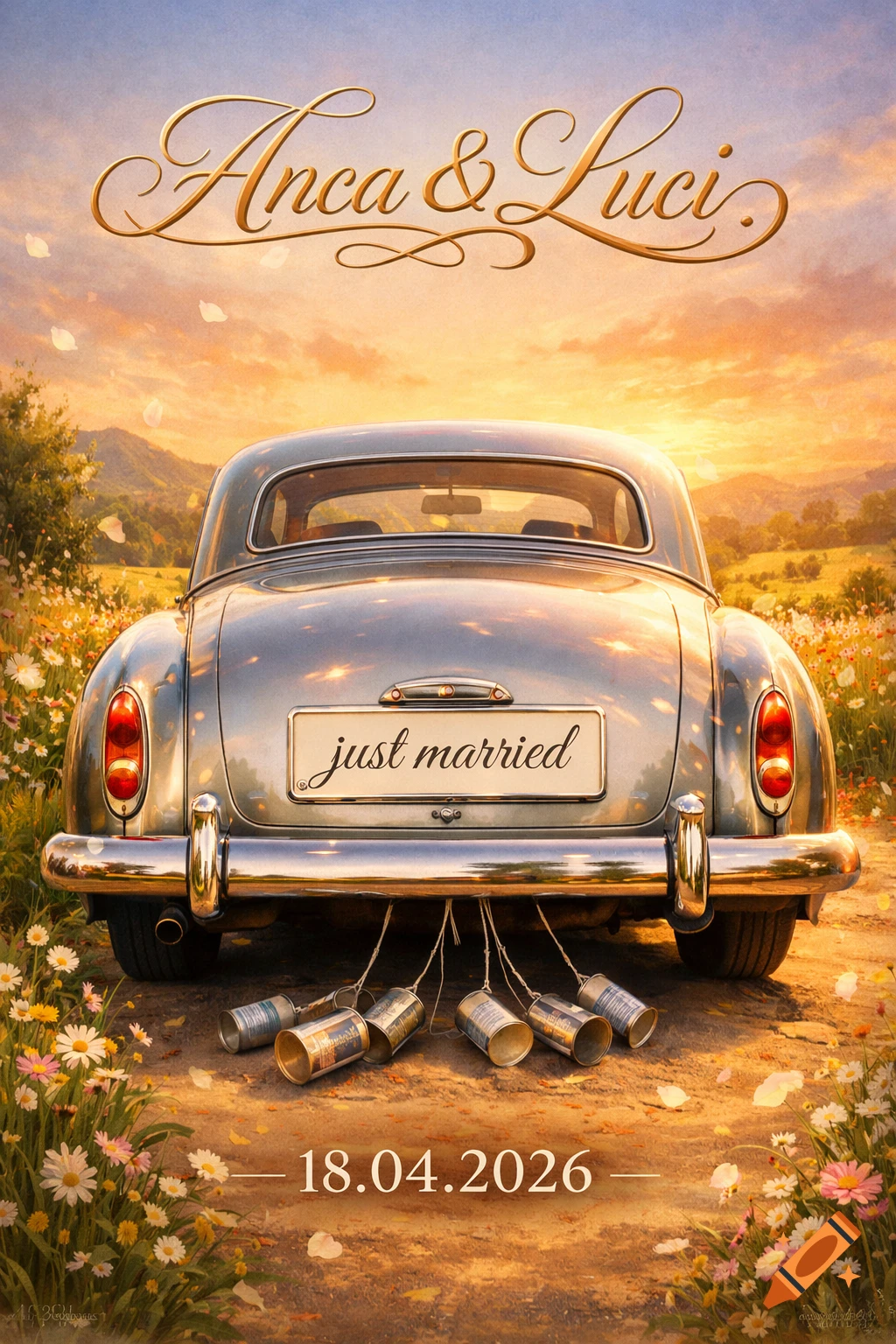 A vintage car from behind with 'just married' on the license plate, cans tied to the bumper, and names 'Anca & Luci' above, '18.04.2026' below, set in a field of wildflowers at sunset.