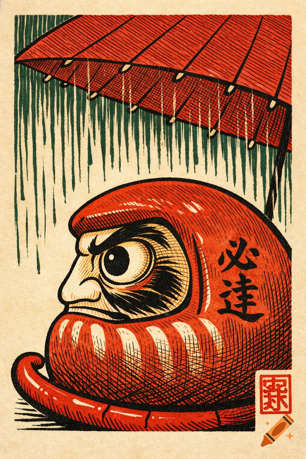 Japanese woodblock print of a red Daruma doll under a red umbrella with green rain streaks.