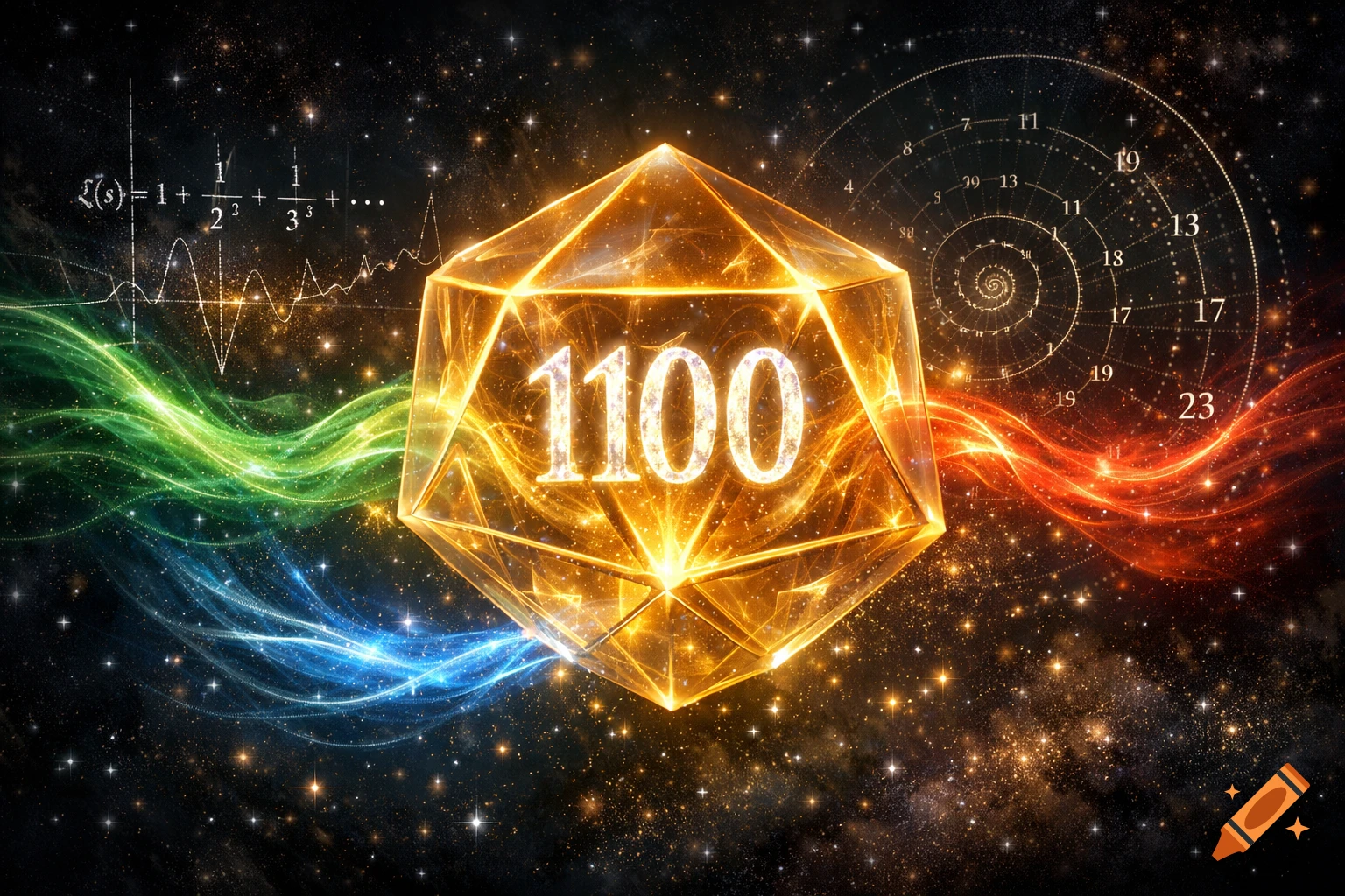A glowing golden dodecahedron with the number "1100" inside, surrounded by colorful energy waves, mathematical formulas, and a starry cosmic background.