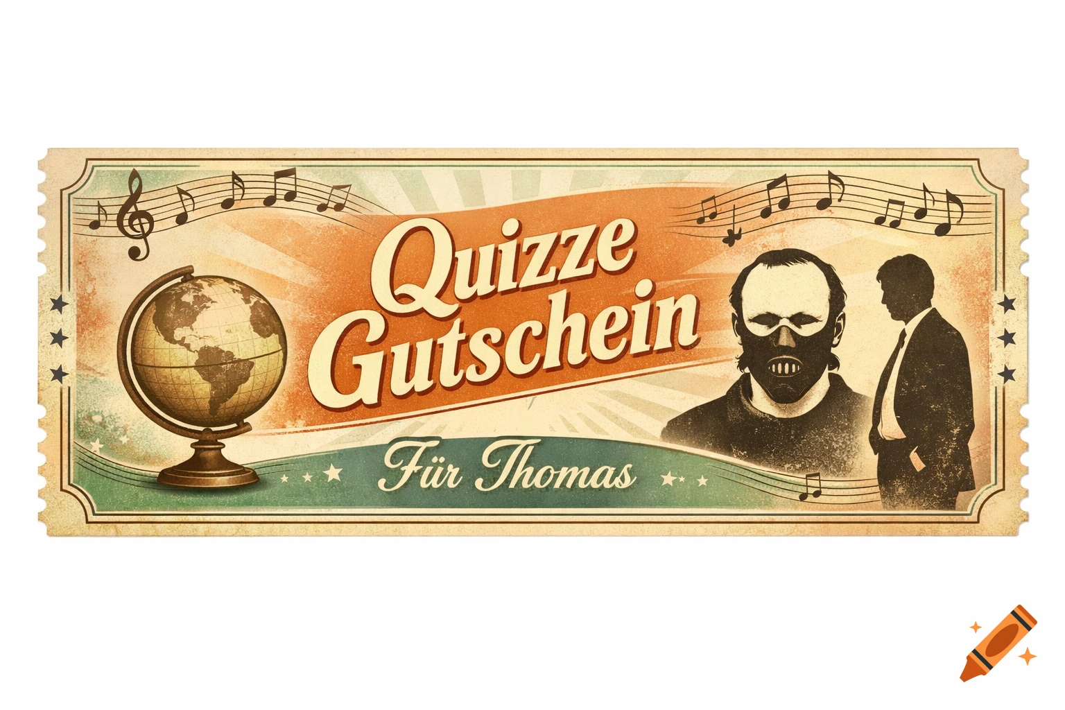 Retro quiz coupon for Thomas, featuring a globe, musical notes, a masked man, and a man in a suit.
