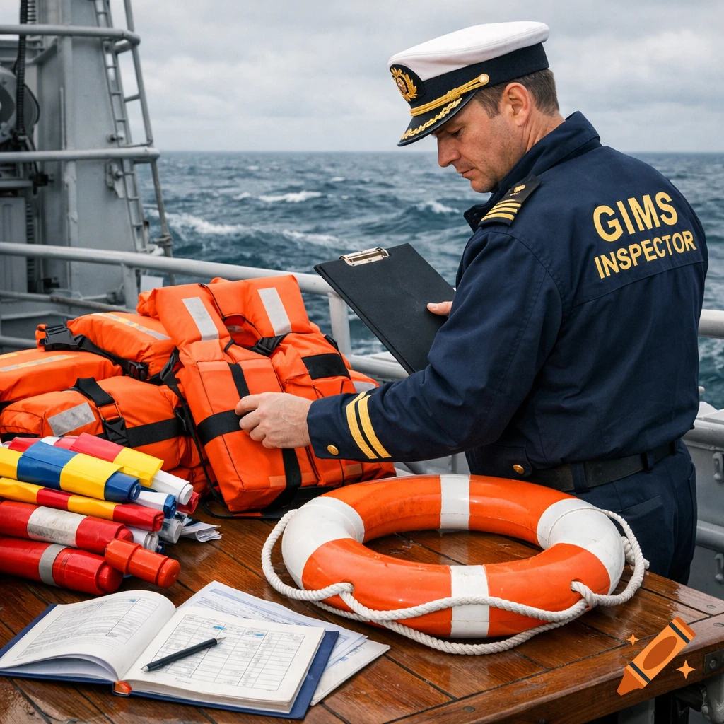 Photorealistic image of a GIMS inspector in uniform checking life-saving equipment on a boat. Documents and a life buoy are on a wooden table.