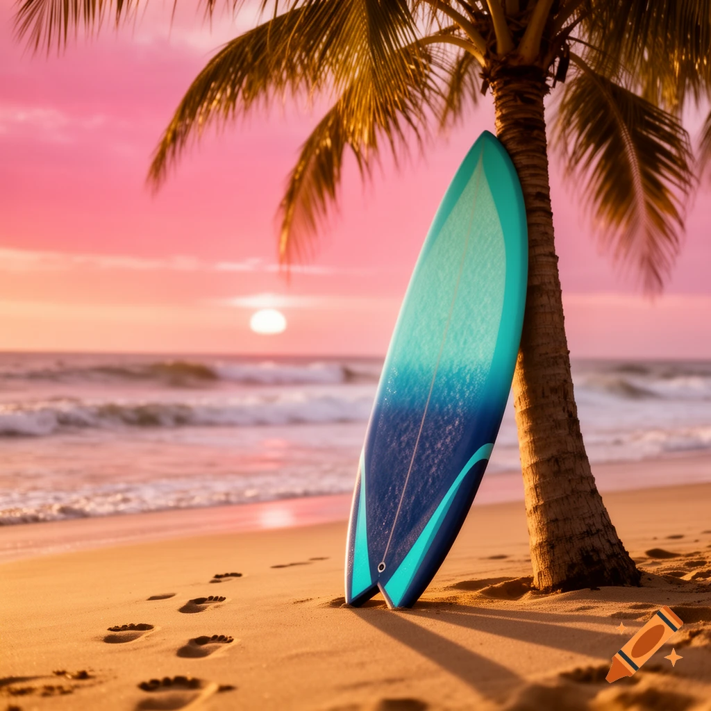 A blue and green surfboard leans against a palm tree on a sandy beach with footprints, facing the ocean under a pink and orange sunset.