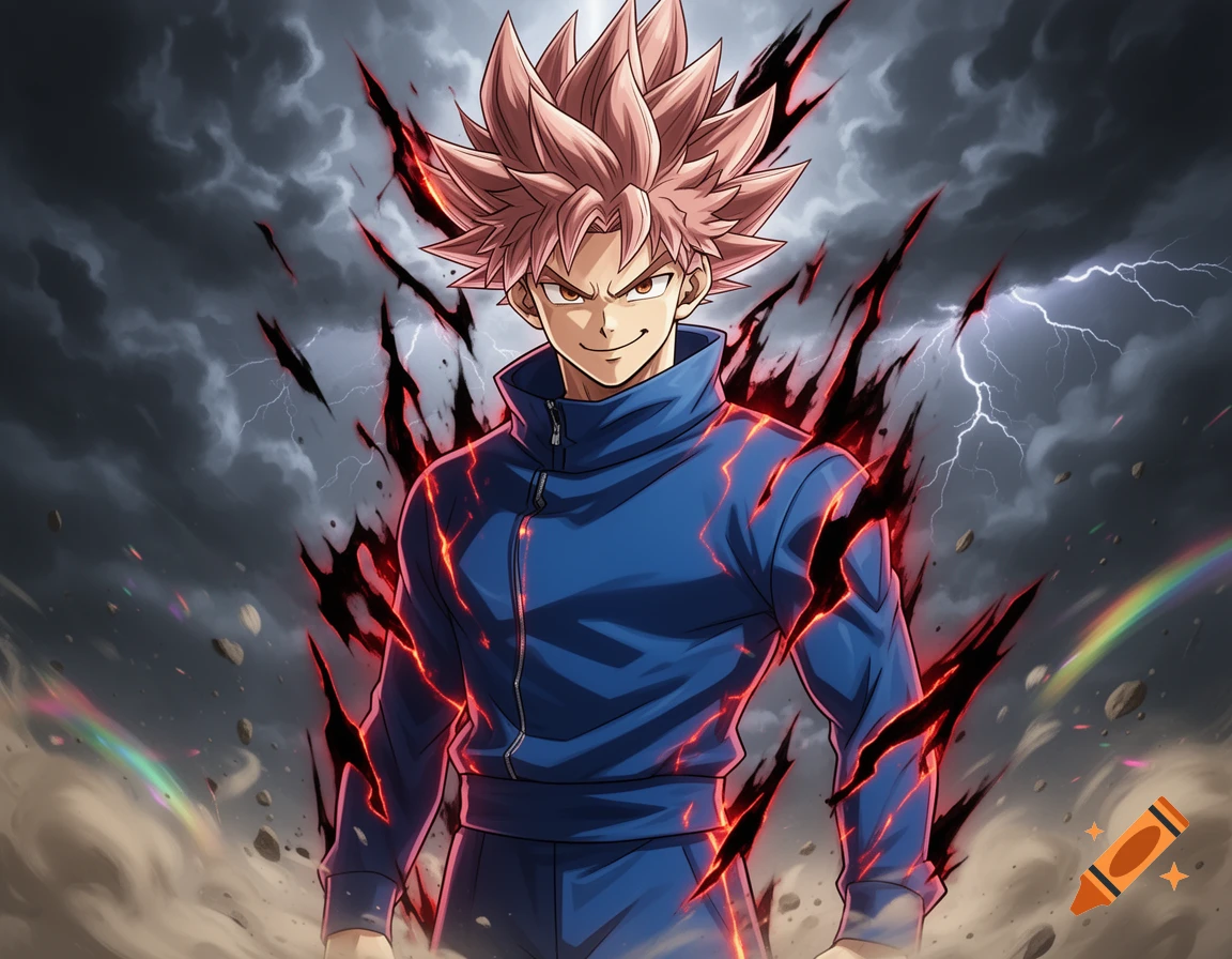 Anime character with spiky pink hair and blue jacket, emanating dark aura and red lightning against a stormy, dusty background with rainbows.