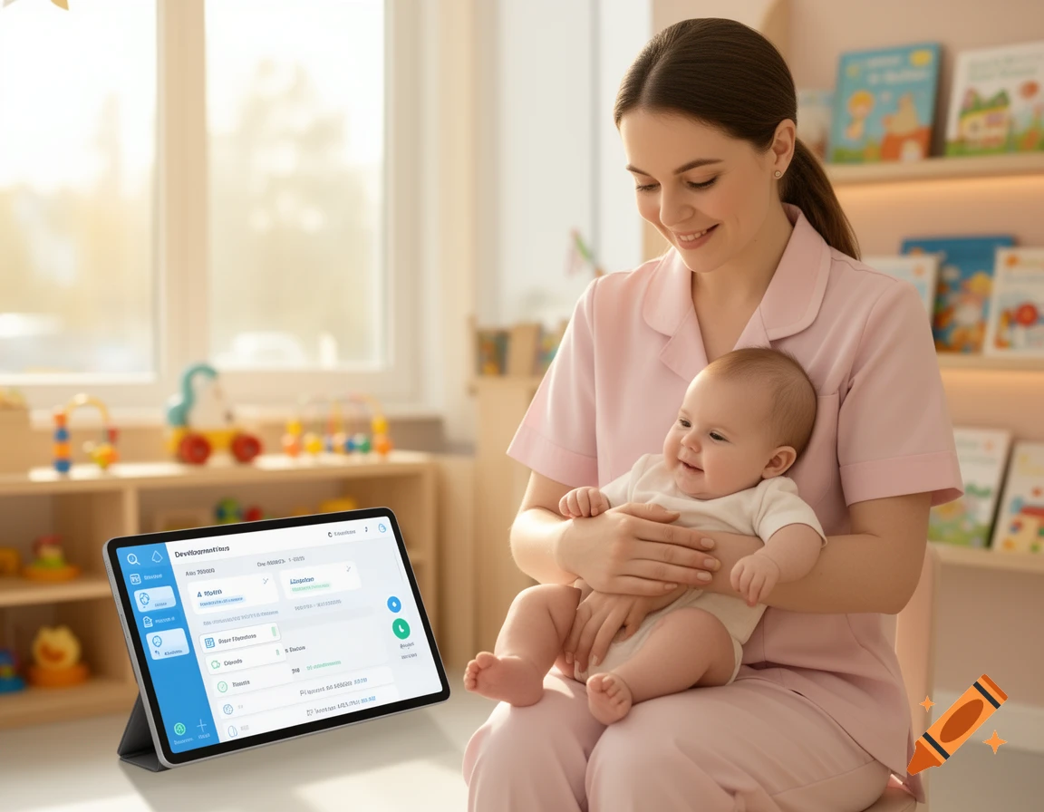 A smiling caregiver in pink scrubs holds a happy baby as a tablet showing an app for administrative tasks floats nearby in a bright childcare room.