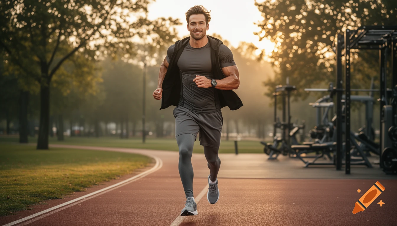 An athletic man runs on an outdoor track in a park during golden hour, smiling at the camera.