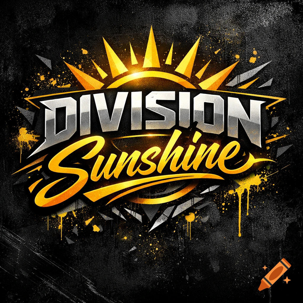 A gritty logo on a black background, featuring metallic 'DIVISION' and yellow 'Sunshine' text with sun rays and paint splatters.