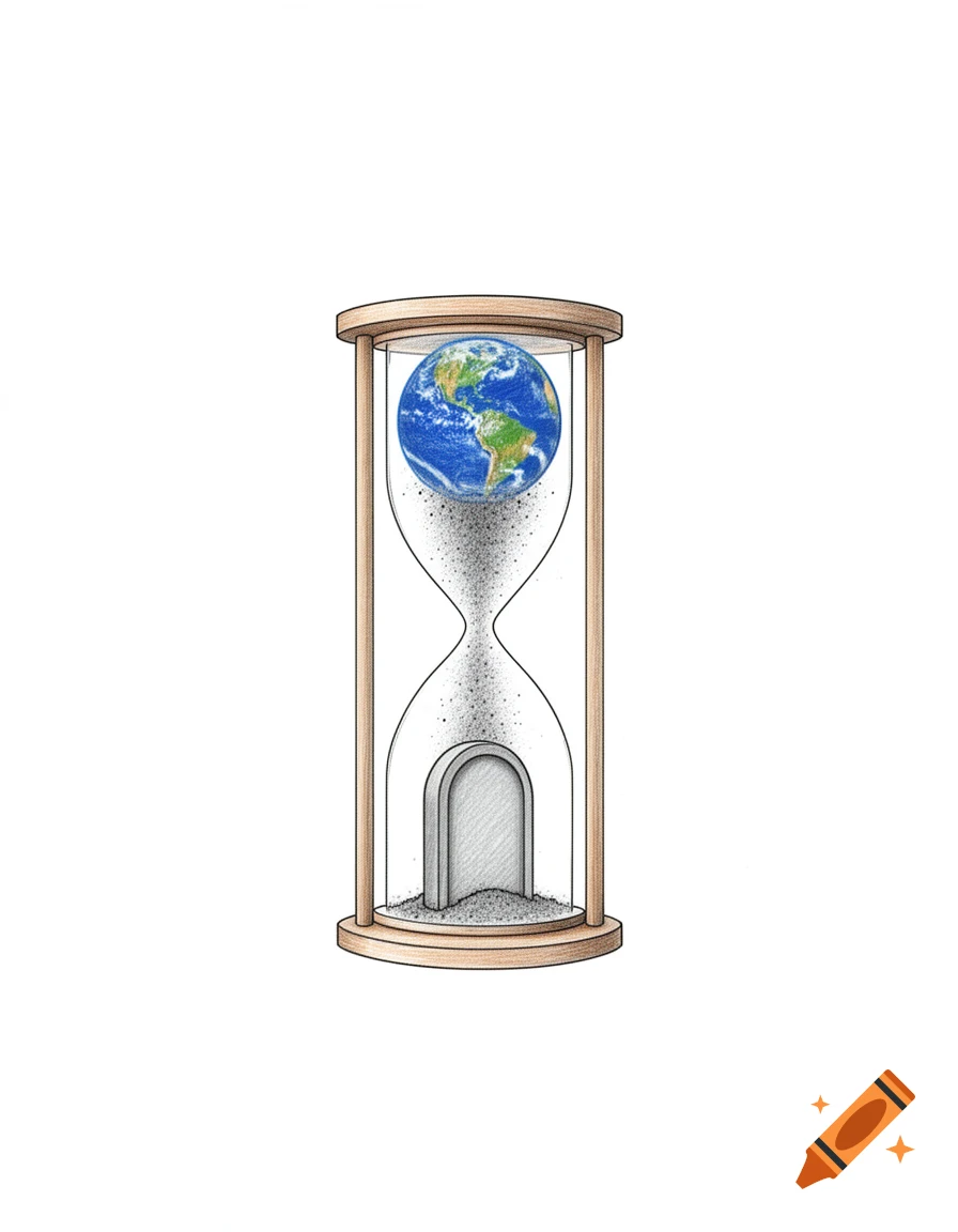 Minimalist illustration: Earth as sand in an hourglass, flowing onto a tombstone, symbolizing environmental time and mortality.