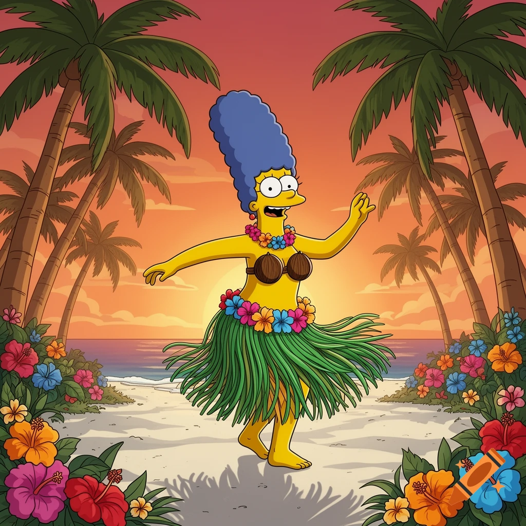 Marge Simpson hula dancing on a tropical beach at sunset, surrounded by palm trees and hibiscus flowers in a cartoon style.