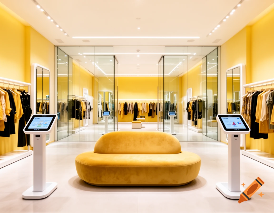 A bright, modern clothing store with yellow walls, white racks of clothes, a mustard-yellow sofa, and two digital kiosks.