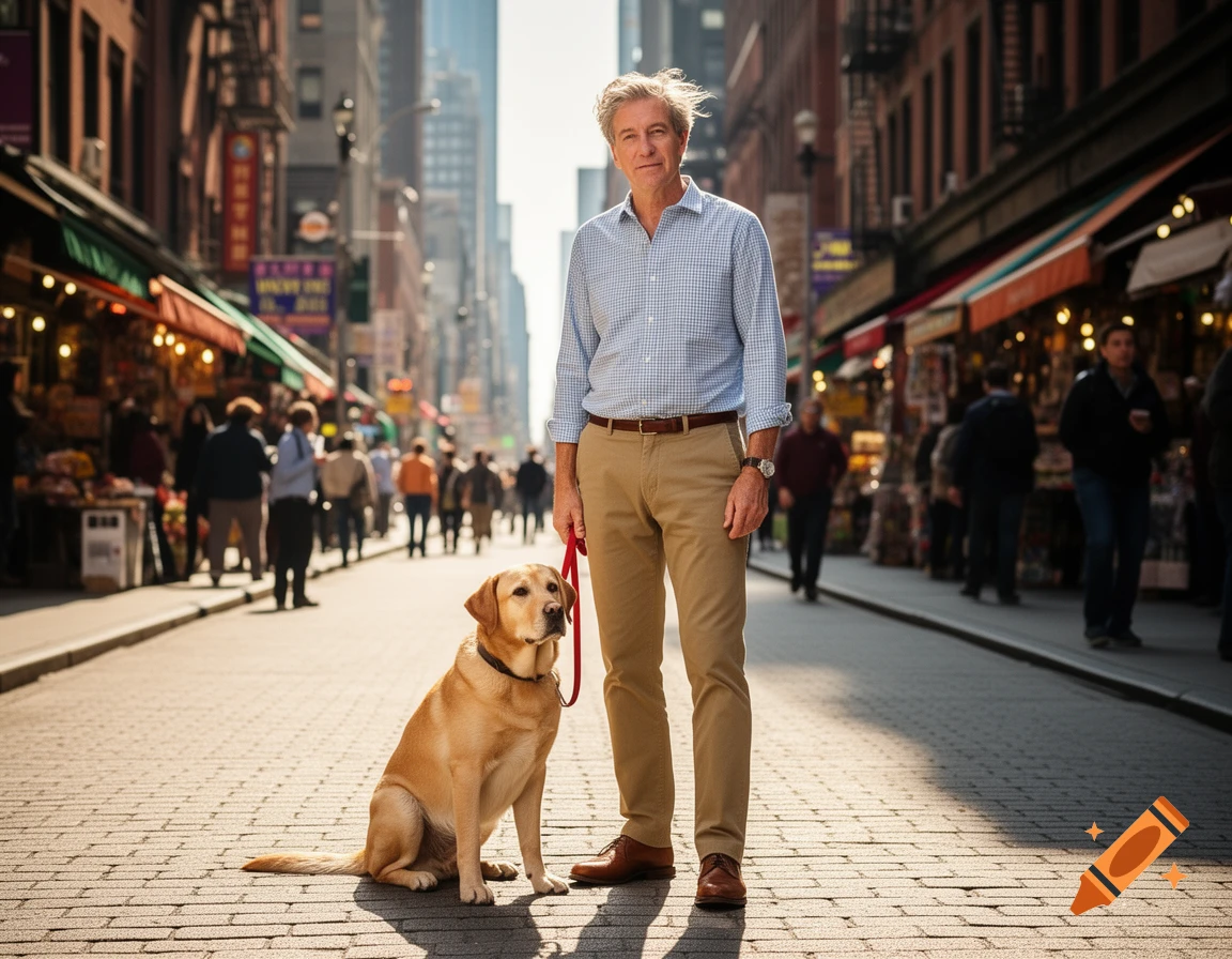 A man in a blue shirt and khaki pants stands with his golden labrador retriever on a cobblestone city street lined with shops.