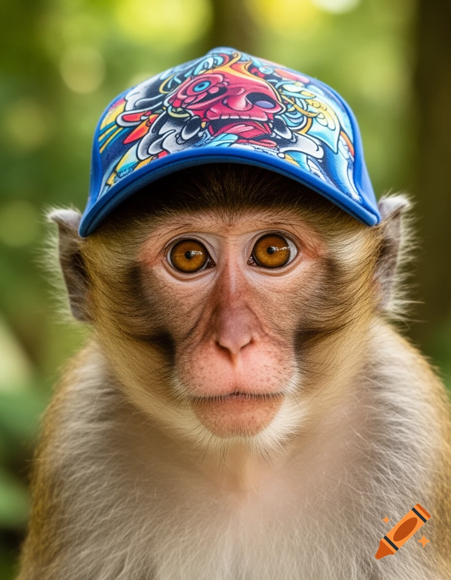 Close-up, photorealistic portrait of a monkey wearing a blue baseball cap with a colorful, intricate tattoo-style design, looking forward.
