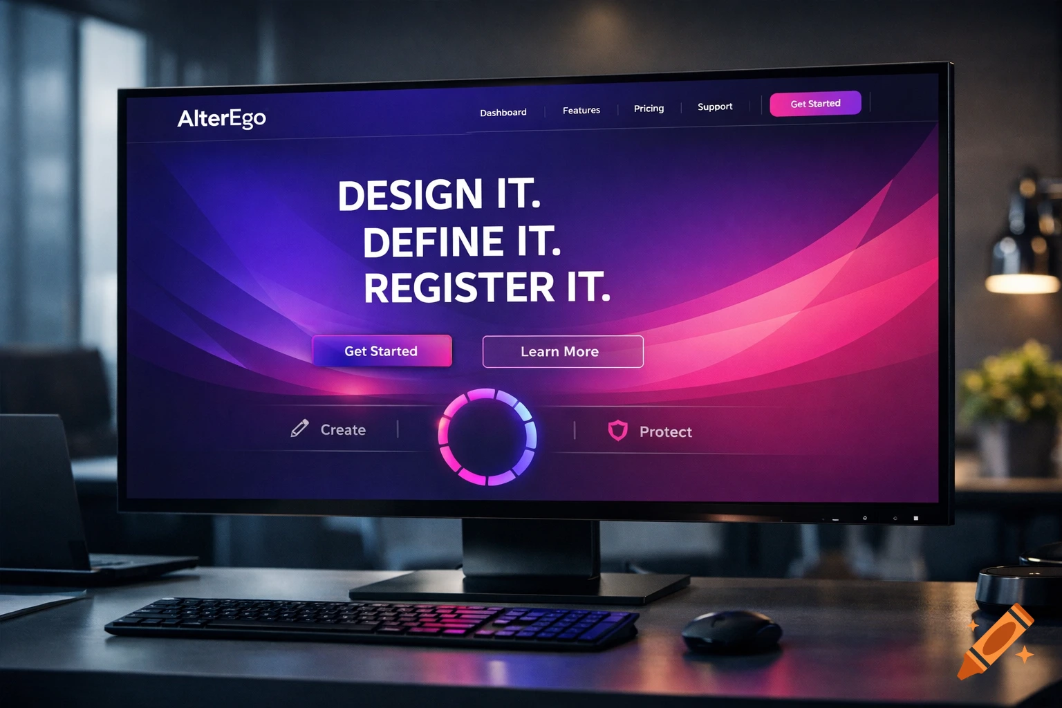 Photorealistic computer monitor on a desk displays a website with 'AlterEgo' logo and 'DESIGN IT. DEFINE IT. REGISTER IT.' text.