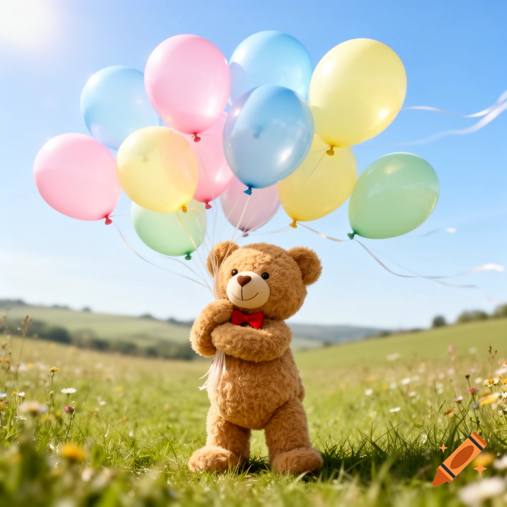 A brown teddy bear with a red bowtie stands in a sunny, grassy field holding a bunch of colorful balloons.