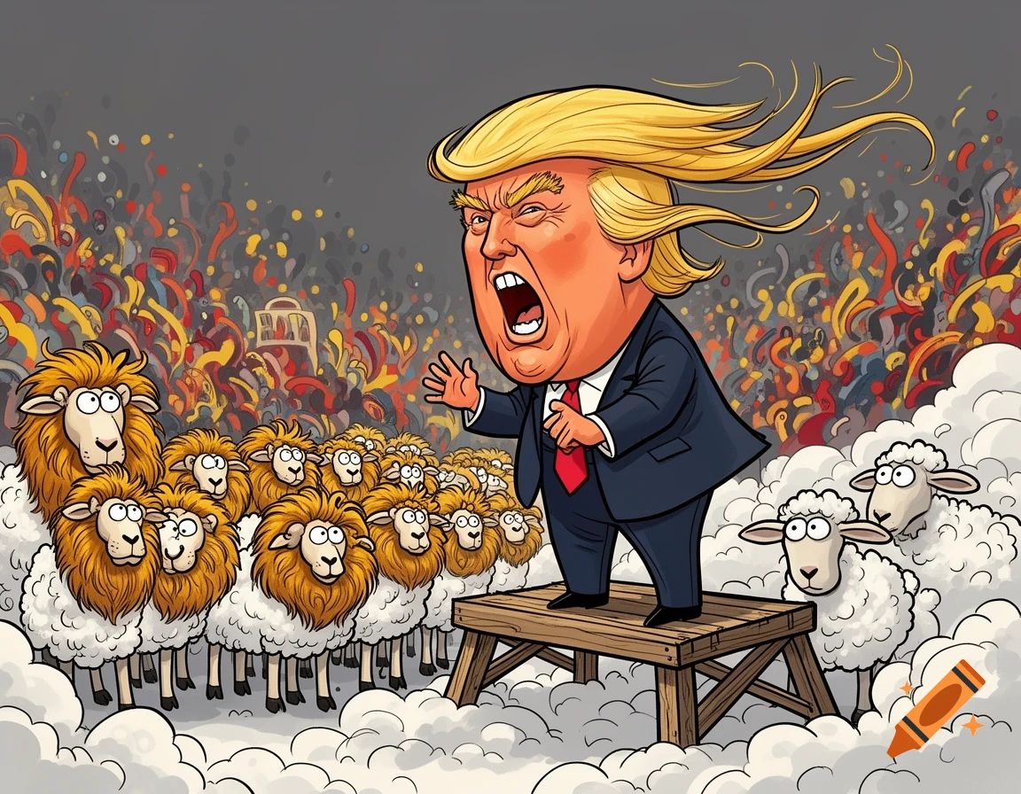 Cartoon caricature of Donald Trump with a big head and small hands, ranting on a platform to a crowd of sheep with fake lion manes, with his toupee blowing.