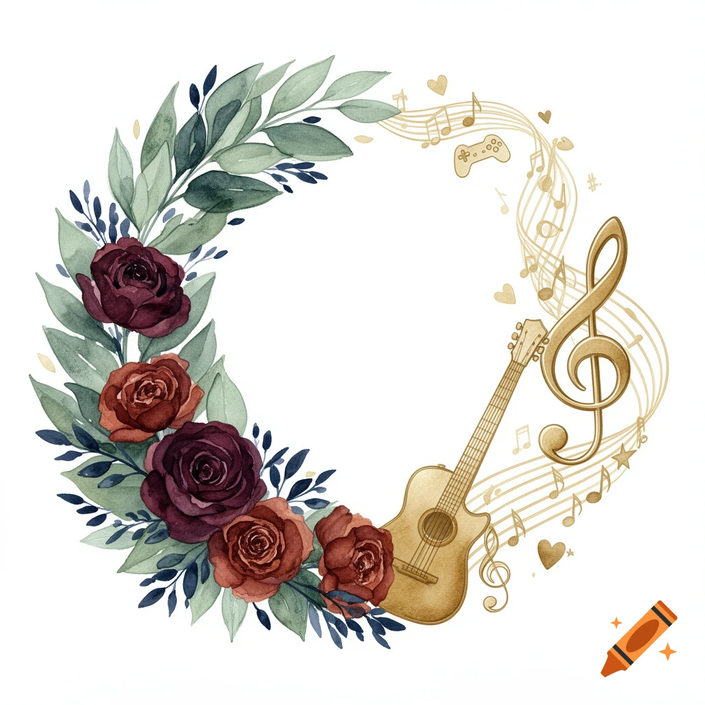 Watercolor wreath with burgundy and rust roses, green leaves, gold music notes, treble clef, guitar, and gaming controller.