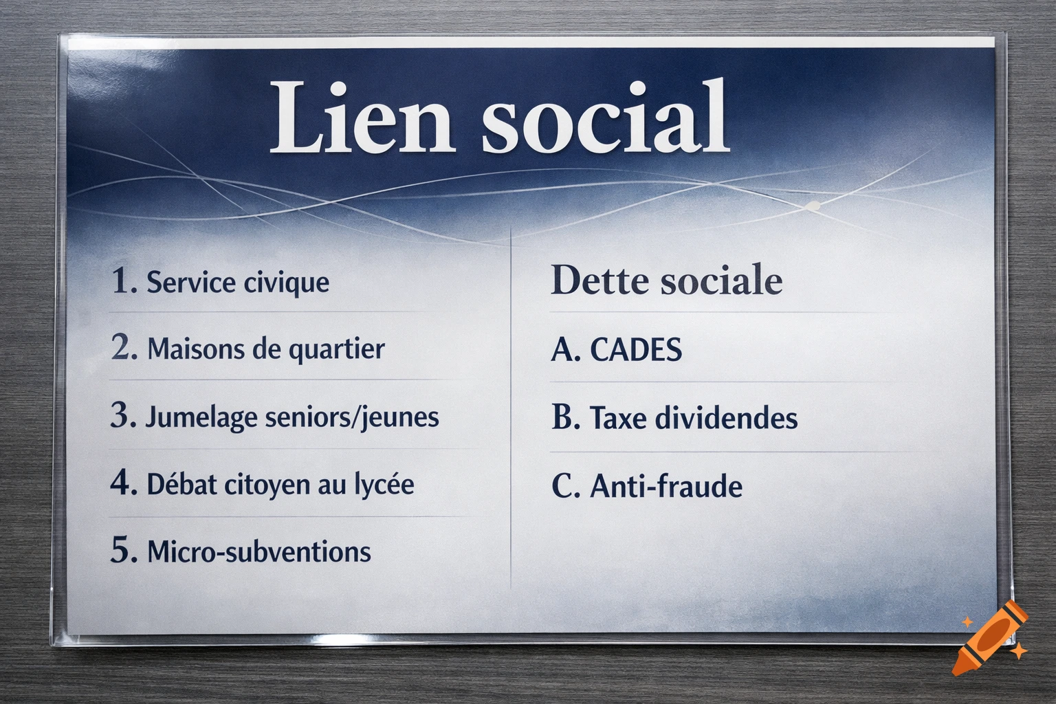 Close-up of a laminated sign with a blue and white gradient, displaying a French political program with headings 'Lien social' and 'Dette sociale'.