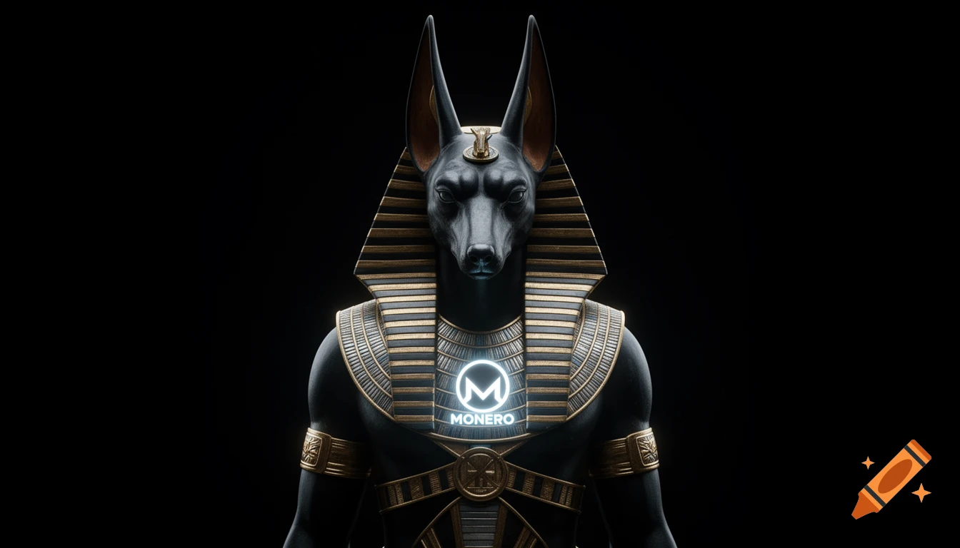 A stylized bust of Anubis with a jackal head, dark skin, and gold/silver adornments, featuring a glowing Monero logo on its chest against a black background.