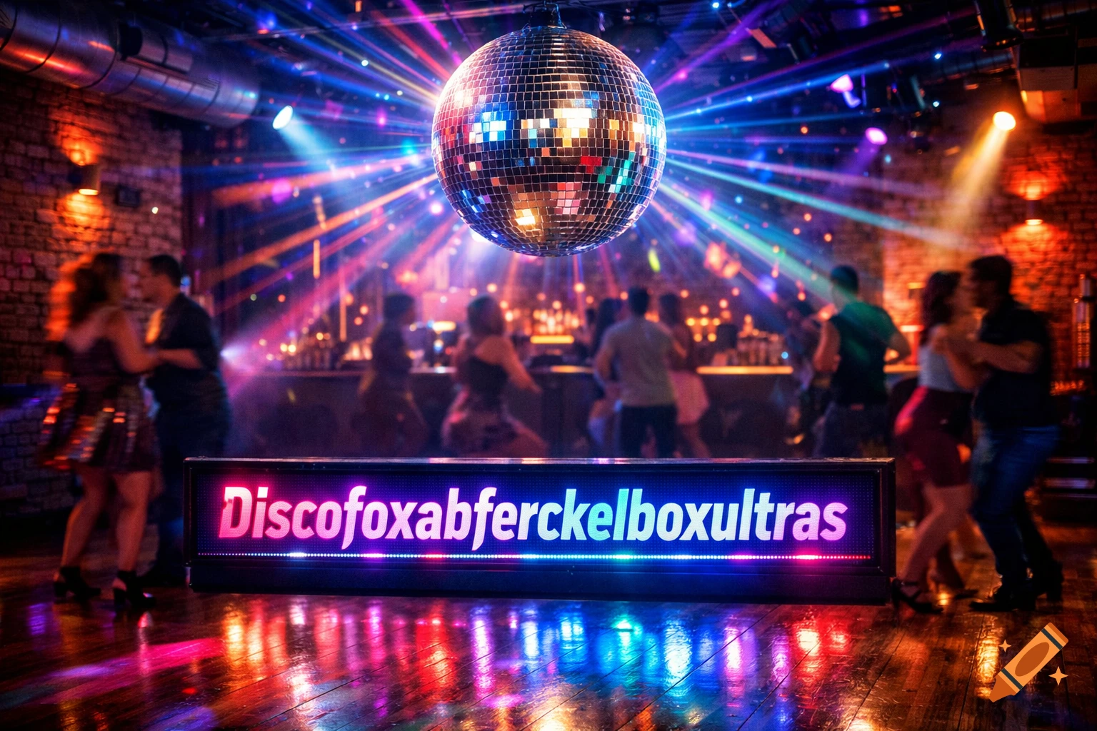 Vibrant disco with a shining disco ball, colorful laser lights, blurred dancers, and an LED sign displaying 'Discofoxabferckelboxultras'.