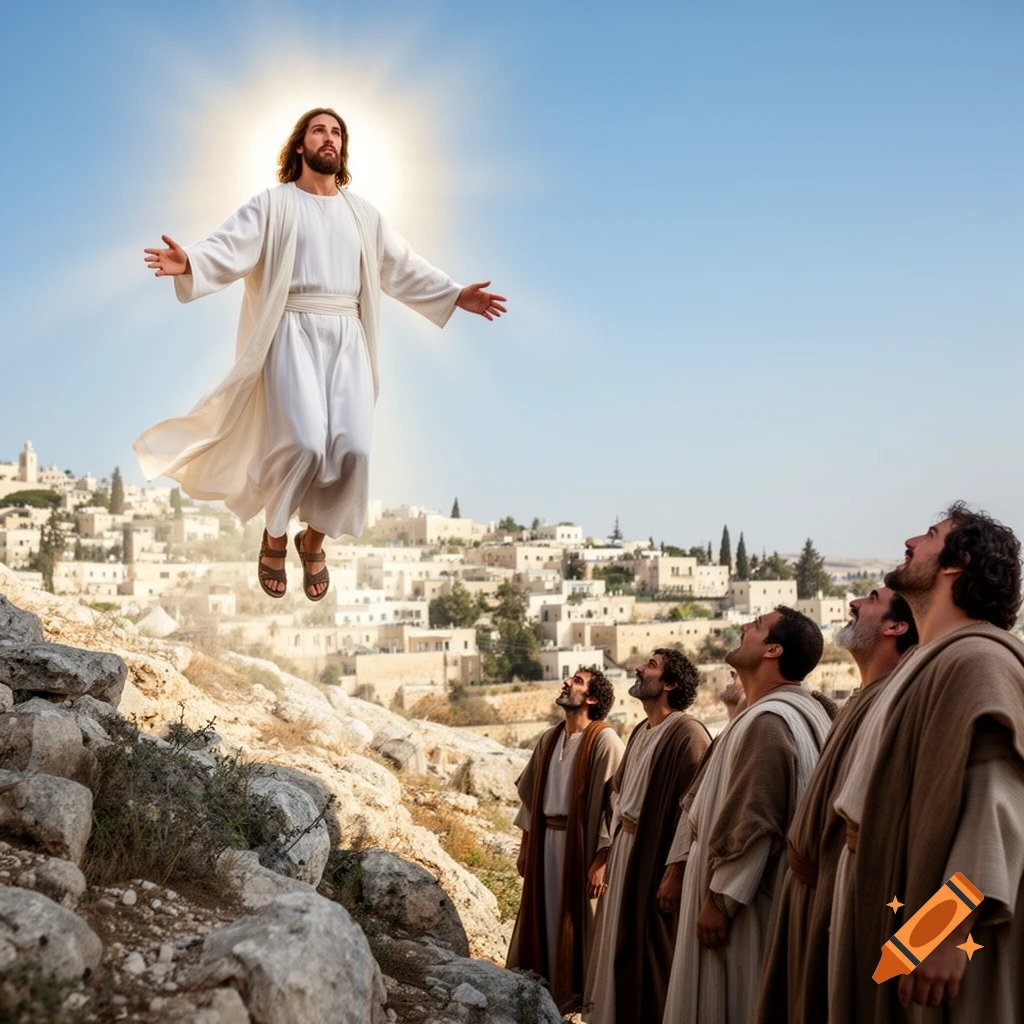 Jesus, bathed in light, ascends into a clear blue sky above a village as a group of apostles watch from a rocky hillside.