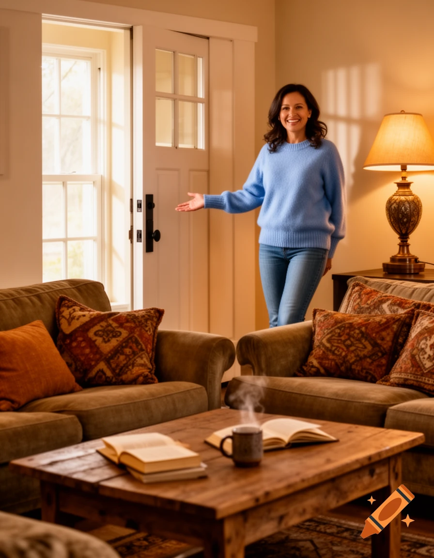 A smiling woman in a blue sweater stands in a cozy living room, gesturing towards an open door.