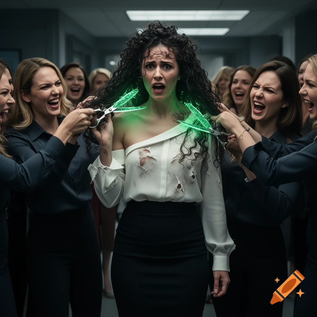 A distressed woman with curly hair is surrounded by laughing women cutting her hair with glowing green scissors, her shirt torn.