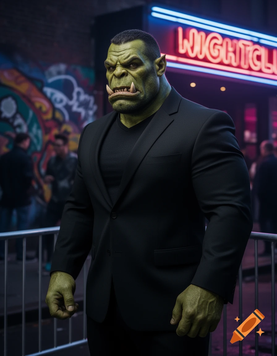 Photorealistic image of a stern, green-skinned half-orc man in a black suit standing outside a neon-lit nightclub.